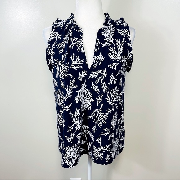 MICHAEL KORS Navy & White Reef V-Neck Ruffled Sleeveless Blouse - MEDIUM - Picture 1 of 8